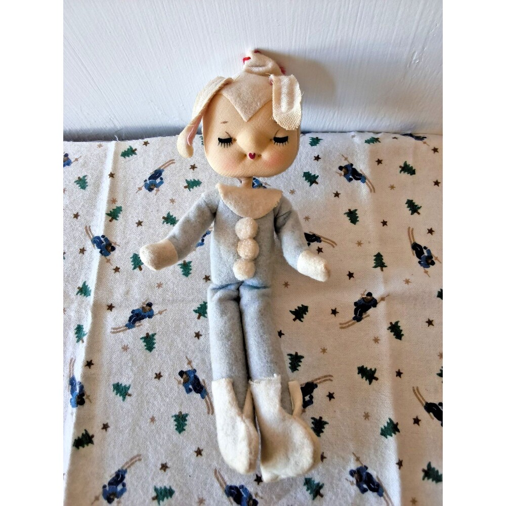1950s 1960s Kitch Bunny Pixie Knee Hugger Elf Stockinette Japan Sticker Blue